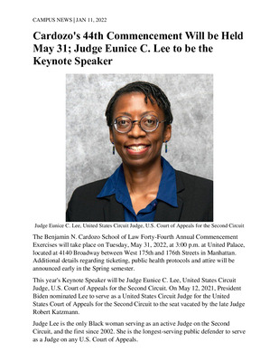 Cardozo's 44th Commencement Will be Held May 31; Judge Eunice C. Lee t